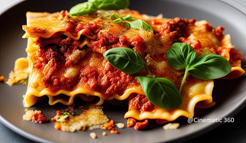 Macro close-up food photography of freshly baked lasagna with melted golden cheese, rich marinara sauce, and fresh basil garnish by Cinematic360.
