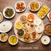 Overhead flat lay food photography of a traditional North Indian thali and vegetarian feast on a rustic wooden table by Cinematic360.