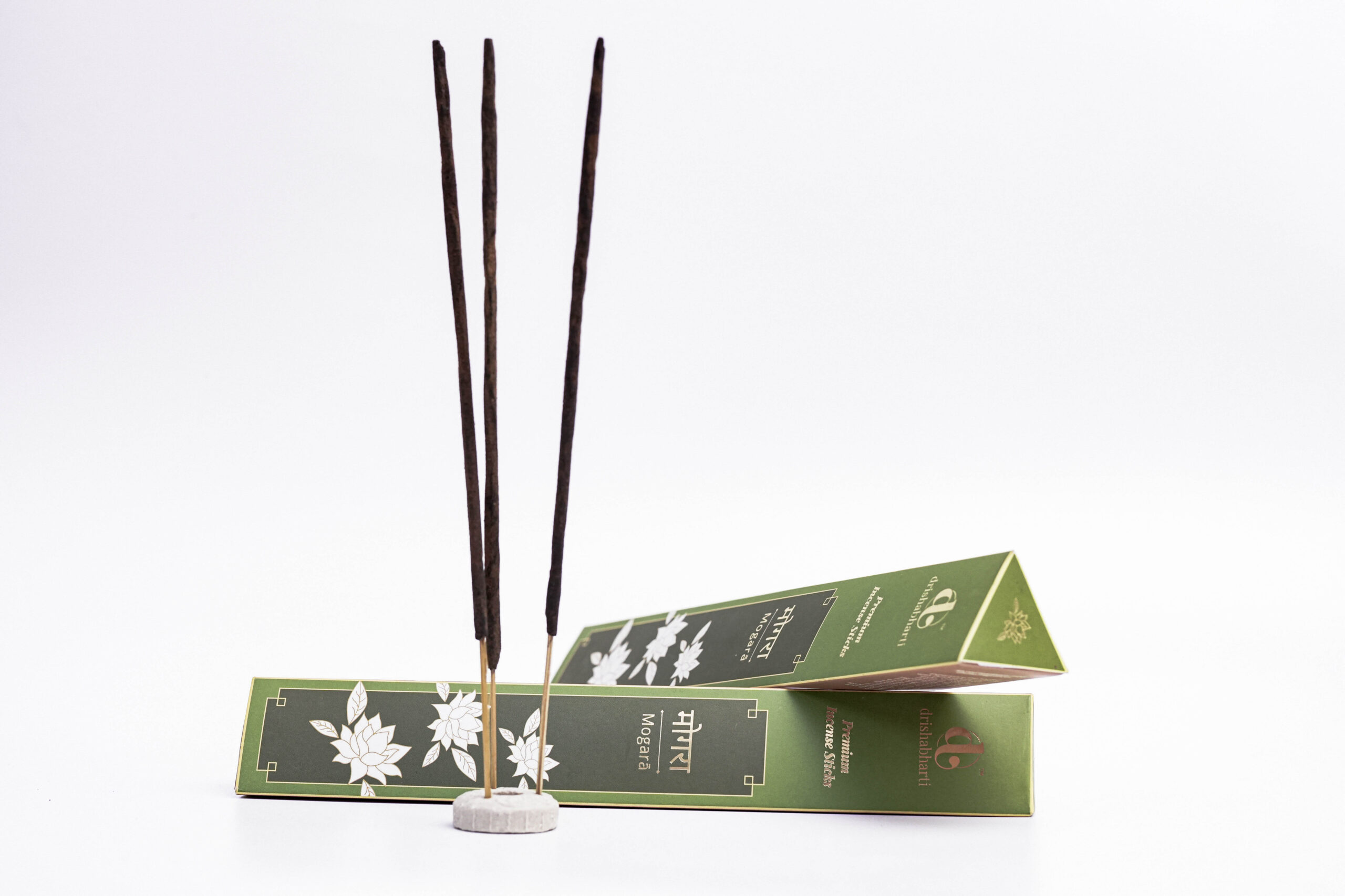 mogra agarbatti photo, jasmine incense stick image, green agarbatti box, clean white background product shoot, amazon product image, incense stick e-commerce shoot