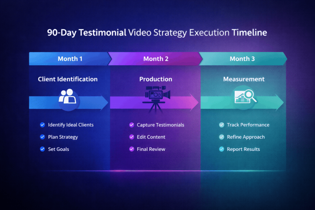 90 day testimonial video strategy execution timeline showing client identification production and measurement phases