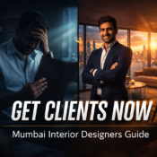 Interior design brand identity with logo card, color palette and mood board on marble desk in Mumbai studio