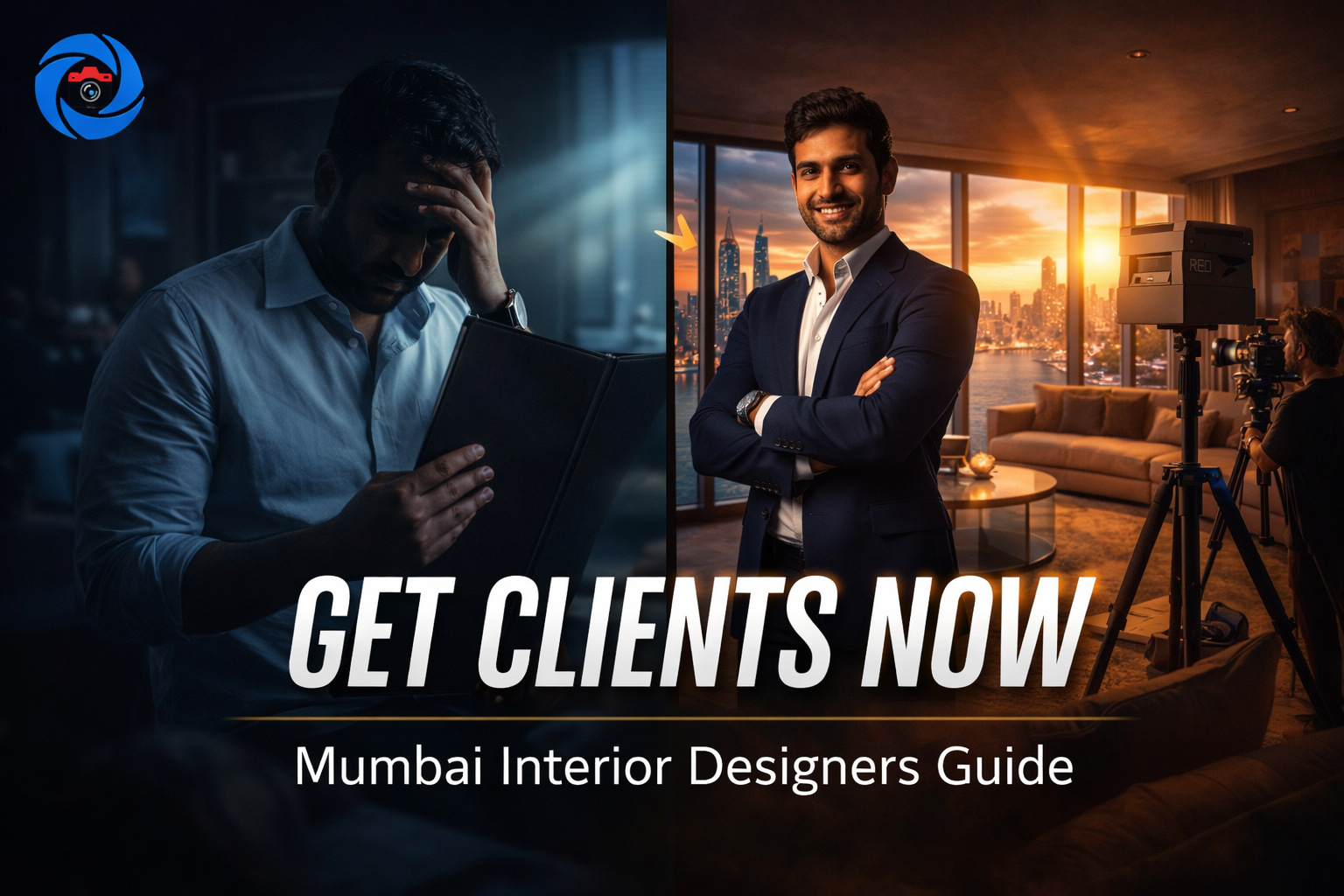 Interior design brand identity with logo card, color palette and mood board on marble desk in Mumbai studio