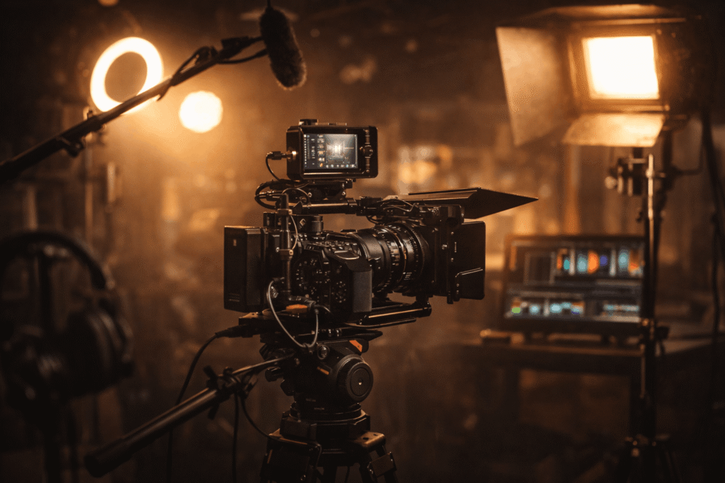 Professional video production studio with cinema camera lighting setup and audio equipment