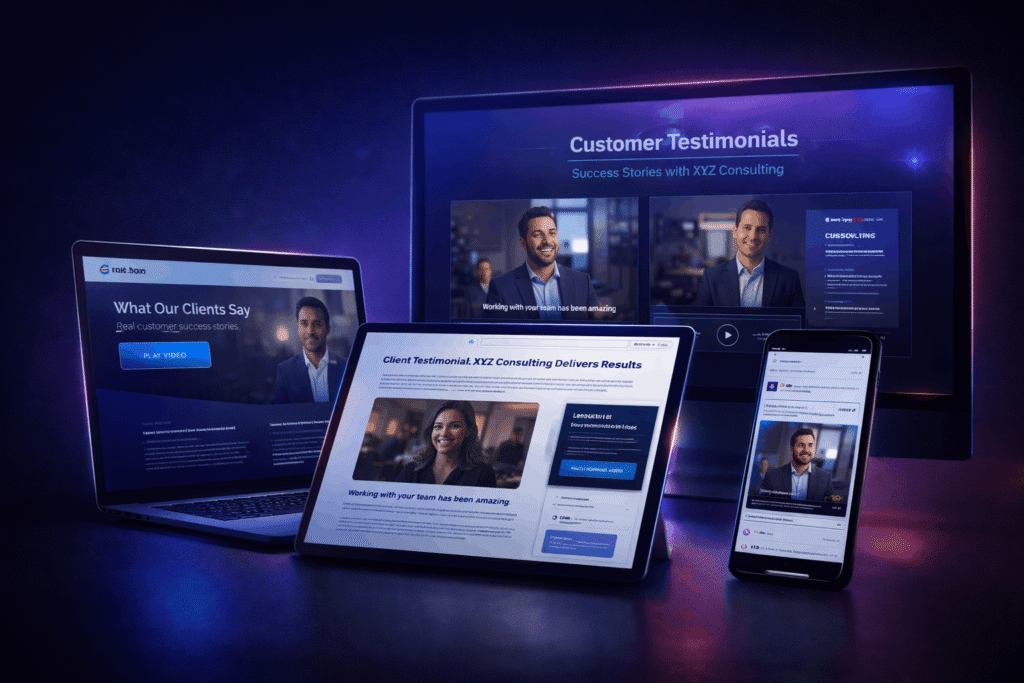 "Digital screens showing testimonial videos displayed across multiple platforms (laptop showing website, tablet showing email marketing, smartphone showing LinkedIn, desktop monitor showing sales presentation) arranged in a creative diagonal composition, professional digital devices with glowing screens, modern tech-forward aesthetic, sleek and professional design, vibrant blue and purple neon accents, dark professional background with subtle gradient, cinematic lighting on devices creating screen glow effects, ultra-realistic 3D rendering style, 4K resolution, 16:9 aspect ratio, depth of field with devices in sharp focus, sophisticated multi-channel strategy visualization, high detail on screen displays, professional tech aesthetic, studio lighting reflecting off device surfaces"
**Alt Text:** "Testimonial videos displayed across multiple platforms: website, email, social media, and presentations"
**Placement:** Under "Where Videos Deliver Maximum Impact" section
**Purpose:** Show omnichannel distribution strategy