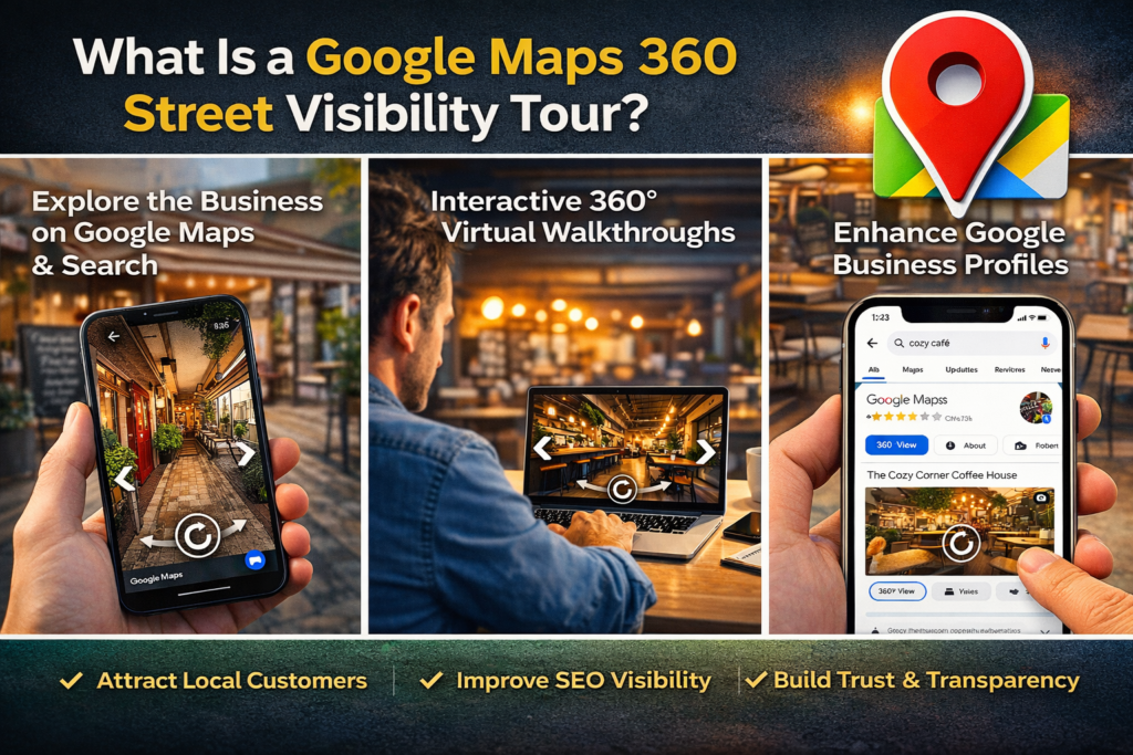 Google Maps 360 Street Visibility virtual tour showing a business interior explored on mobile and laptop devices.