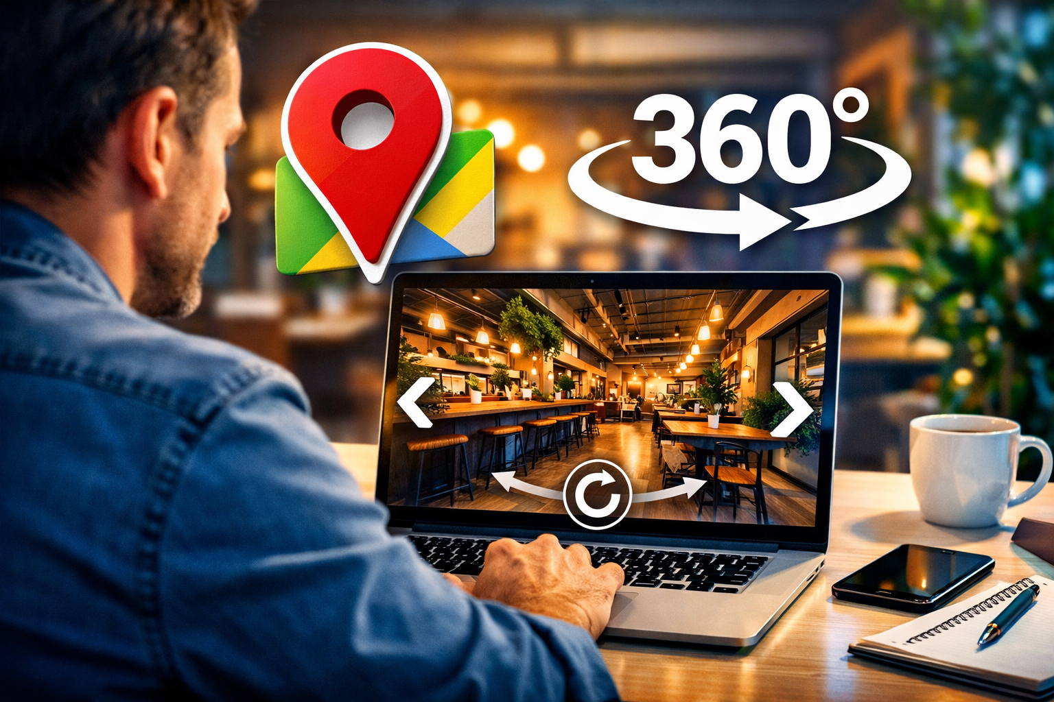 Business owner viewing a Google Maps 360 virtual tour of a modern café interior on a laptop screen
