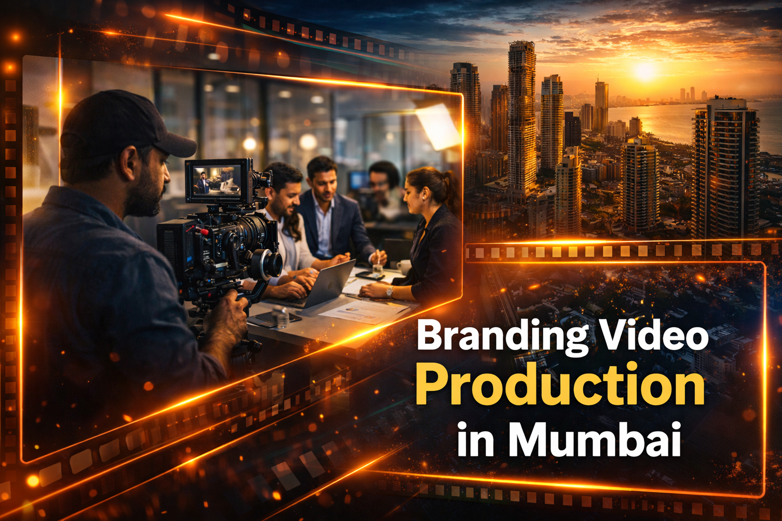 Cinematic branding video production in Mumbai showing videographer filming business team with Mumbai skyline background.
