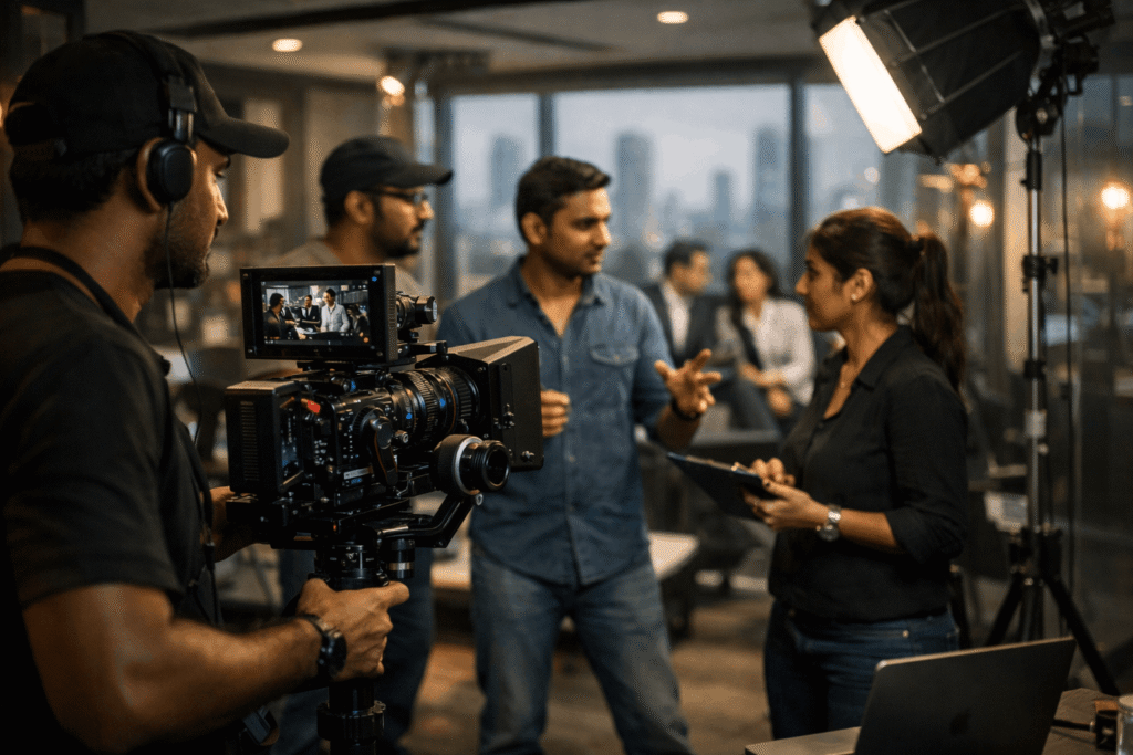 Creative workspace representing brand storytelling video production with storyboard sketches and video editing timeline.