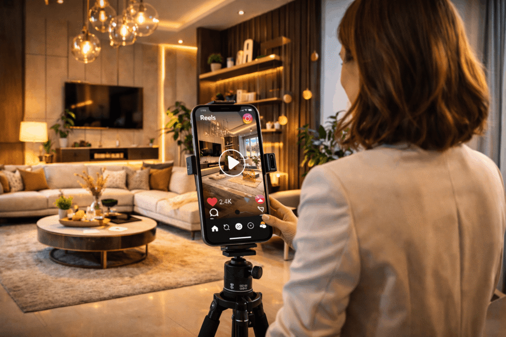 Interior designer filming luxury living room for Instagram reels marketing.