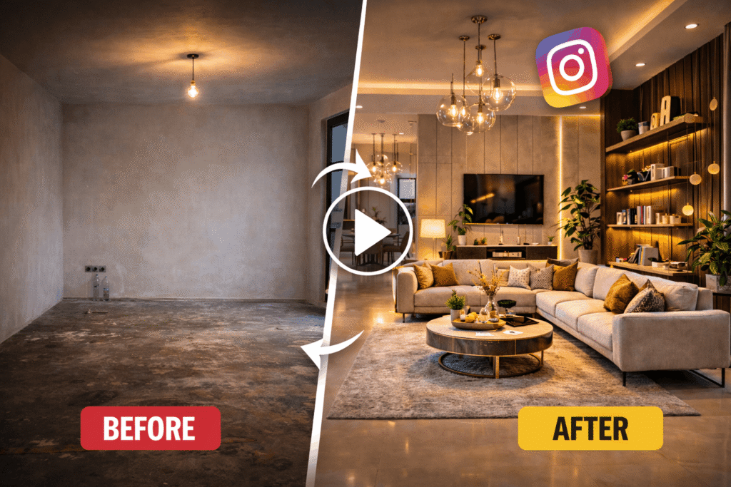 Before and after interior design transformation shown in Instagram reels style.