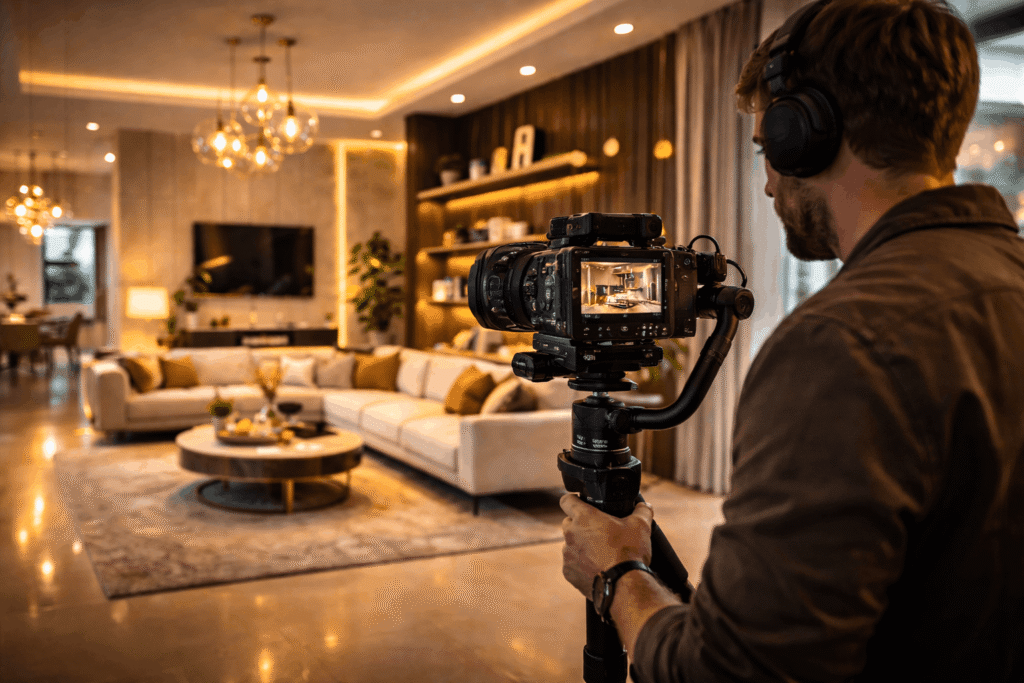 Videographer capturing luxury interior design project using professional cinema camera.