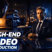 Professional videographer filming a corporate executive in a cinematic studio setup for a brand video