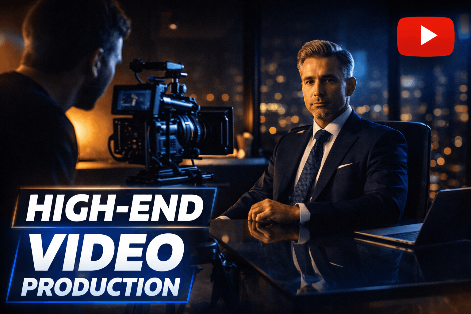 Professional videographer filming a corporate executive in a cinematic studio setup for a brand video