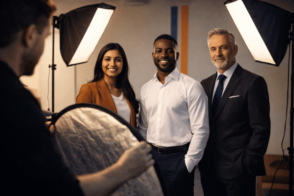 Professional corporate team headshot photography session in a modern office studio for brand identity