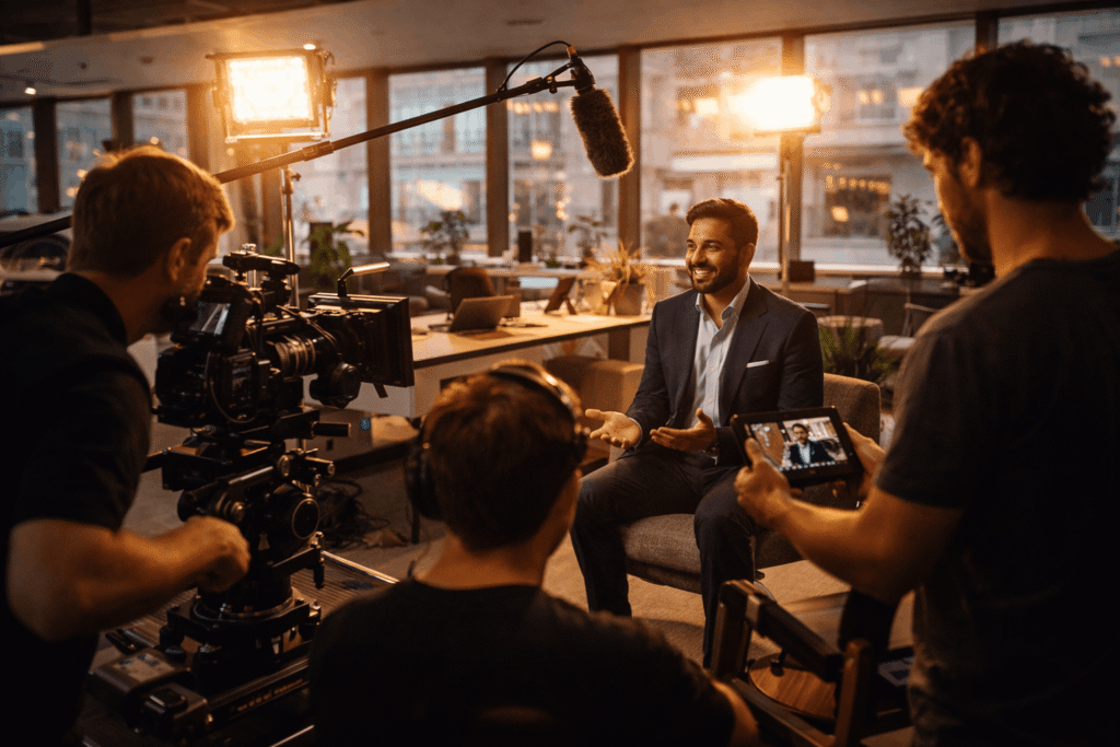 Premium corporate product photography flat-lay in professional studio with controlled studio lighting for brand identity