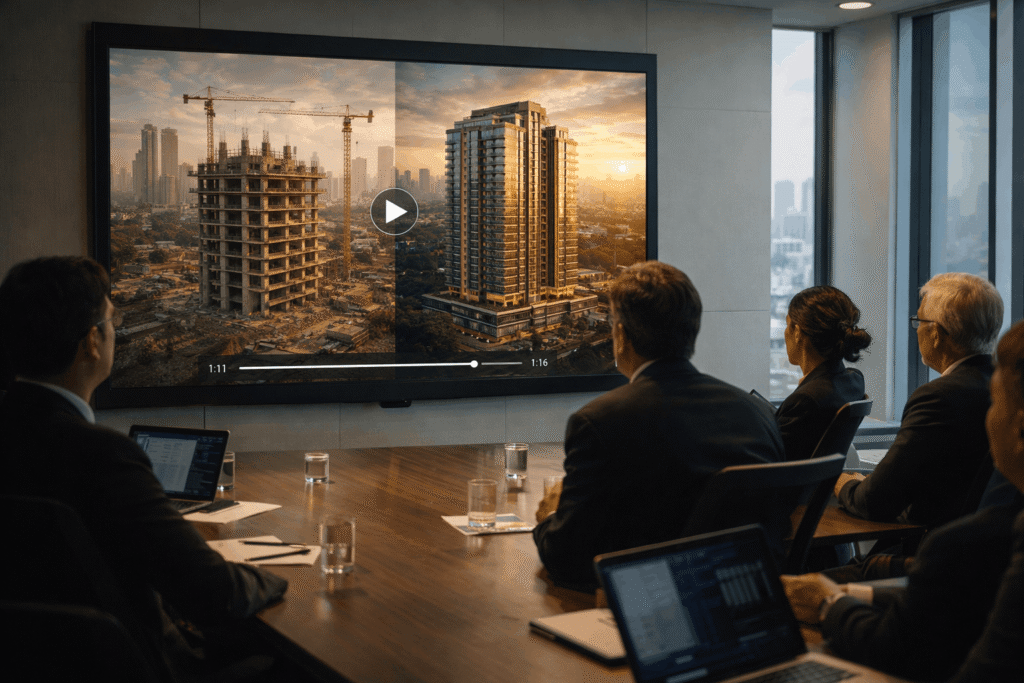 Investors reviewing construction progress video