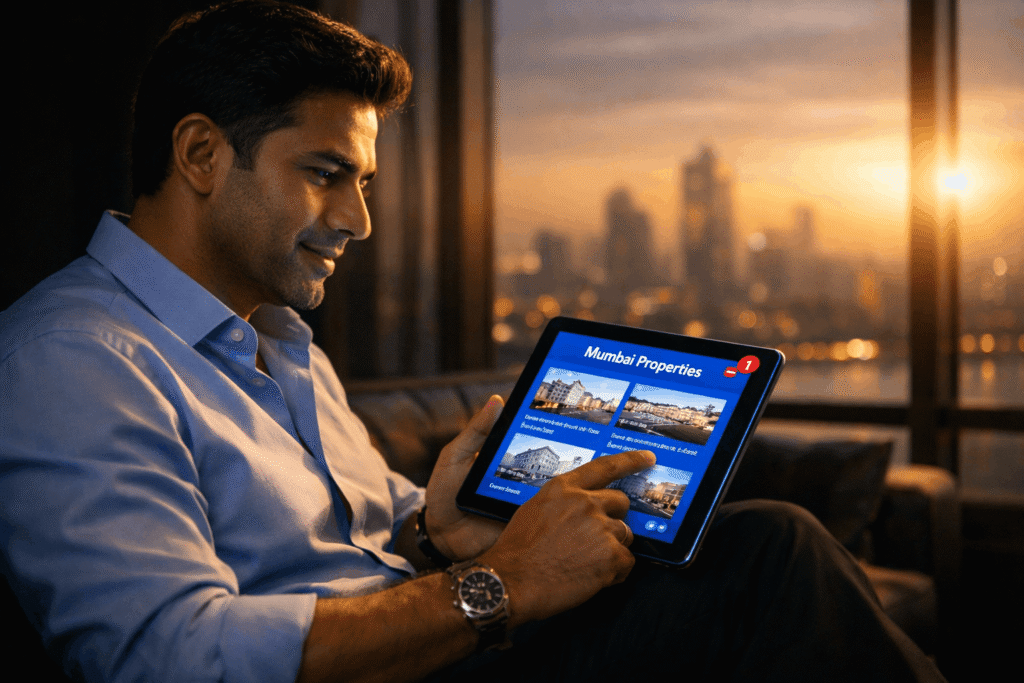 NRI professional reviewing Mumbai real estate listings on tablet in modern apartment
