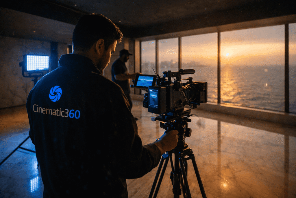 Professional videography team filming luxury sea view apartment in Mumbai
