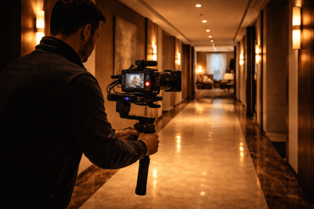 Gimbal operator filming cinematic walkthrough of luxury Mumbai apartment corridor