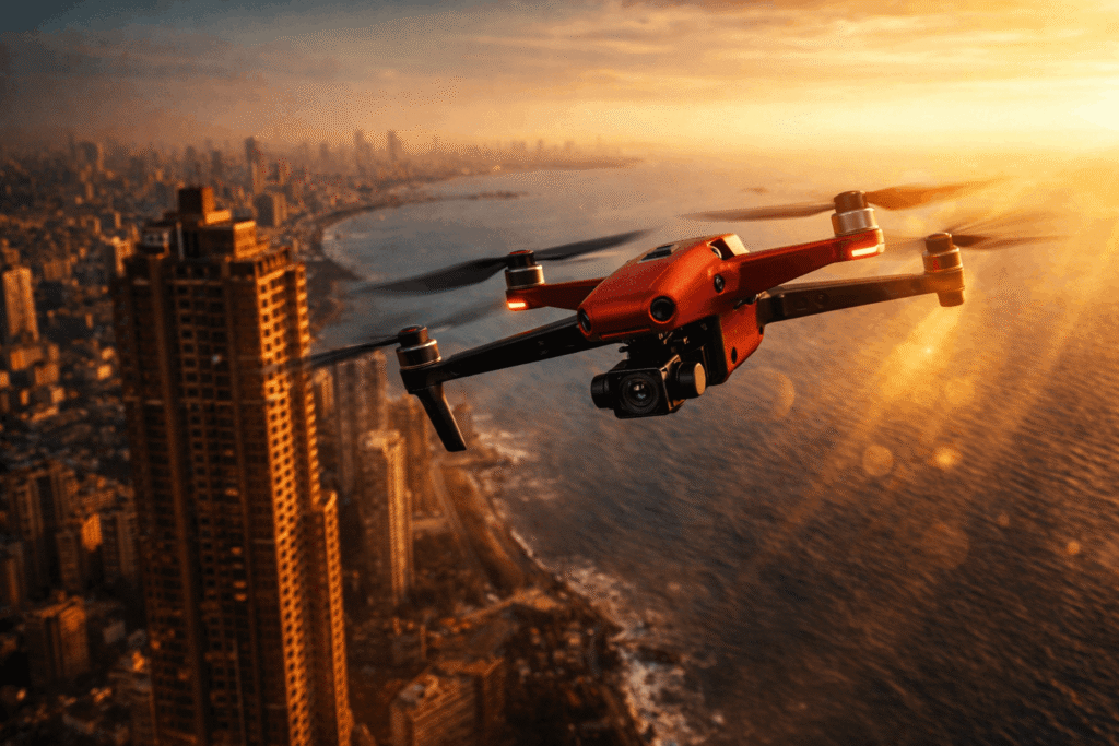 Professional drone flying over Mumbai high rise buildings and Arabian Sea during golden hour