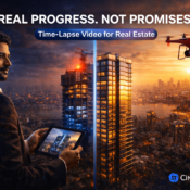 Before and after Mumbai construction site showing high-rise building progress with time-lapse videography