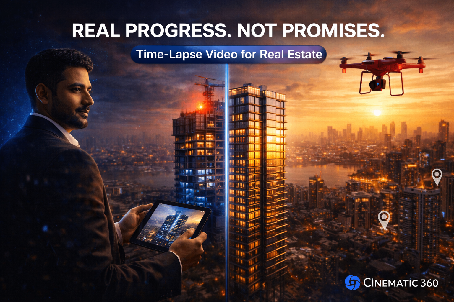 Before and after Mumbai construction site showing high-rise building progress with time-lapse videography