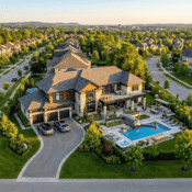 Aerial drone photography capturing a luxury house and surrounding property for real estate marketing.