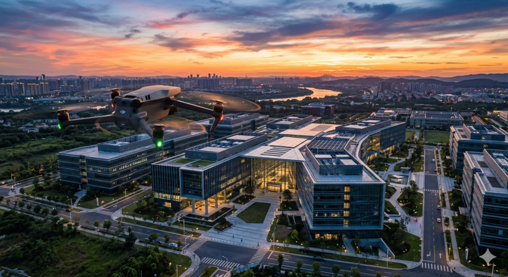 A professional drone by Cinematic360 capturing cinematic aerial footage of a modern corporate headquarters at sunset.