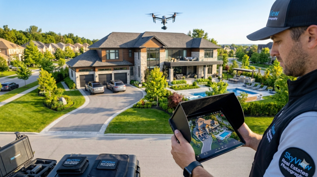 Drone camera flying above a residential property capturing aerial photos for real estate marketing