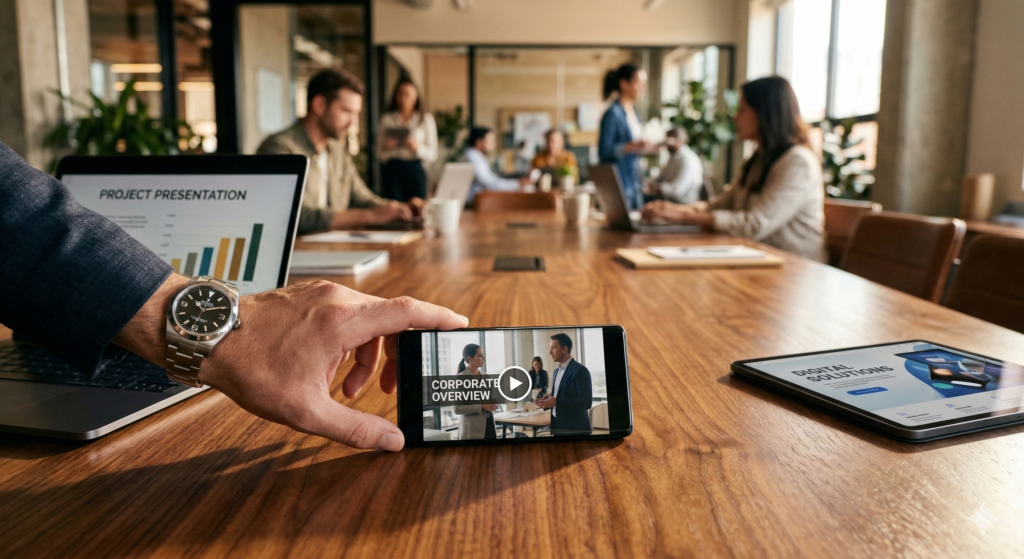 Corporate Overview" video produced by Cinematic360 playing on a smartphone in a modern office setting.