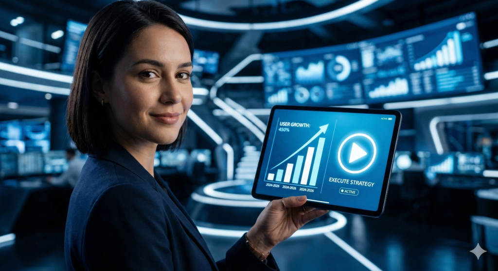 A professional woman holding a tablet showing 450% user growth results driven by a Cinematic360 video marketing strategy.