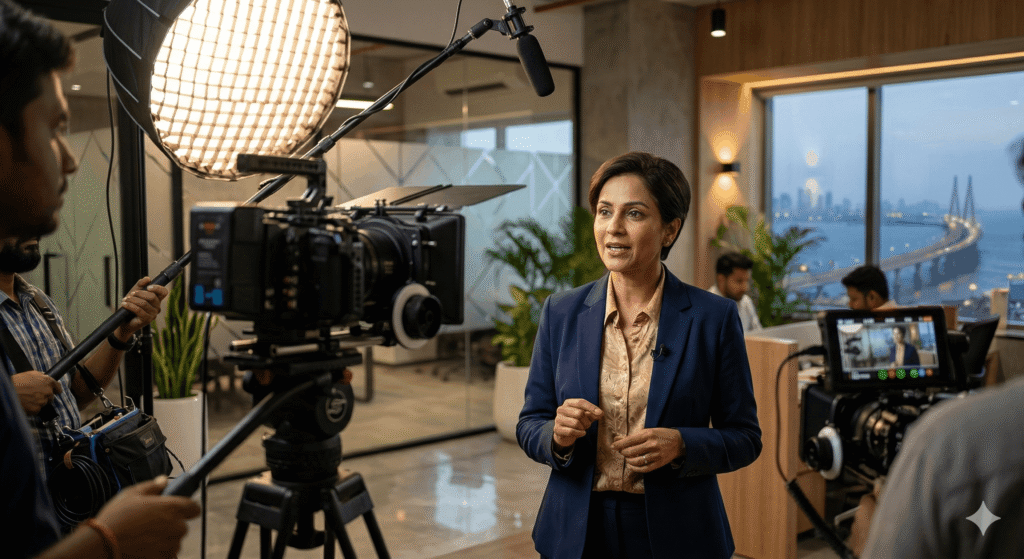 Business owner speaking on camera during a professional brand storytelling video interview.