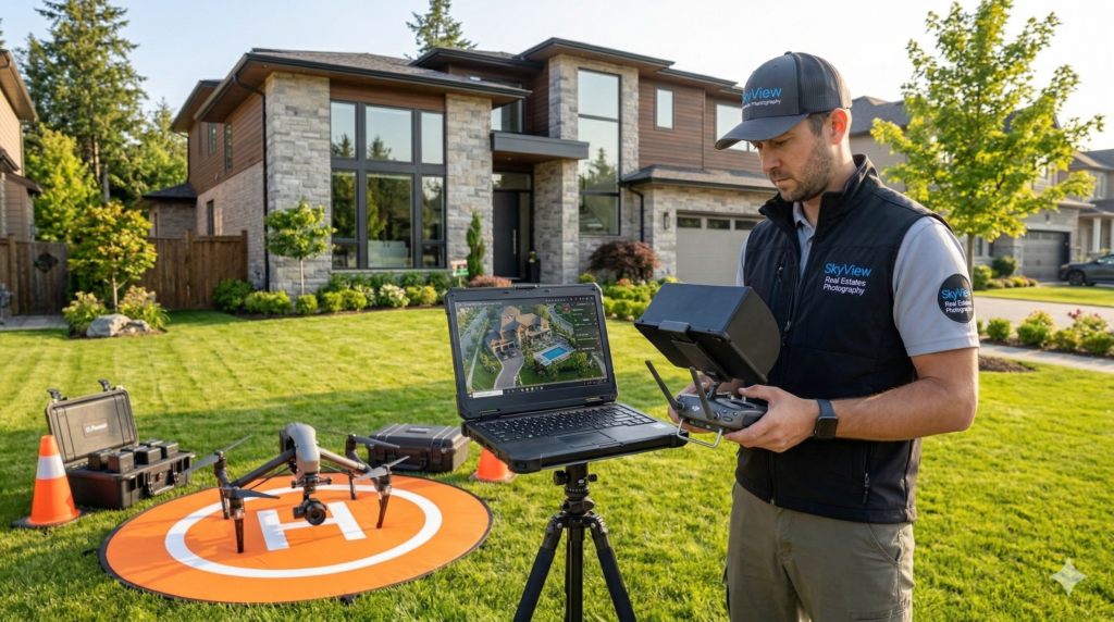 Comparison between ground level real estate photo and aerial drone photo showing the full property.