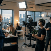 Professional team filming a brand storytelling video for a business using cinematic camera equipment in a modern office.