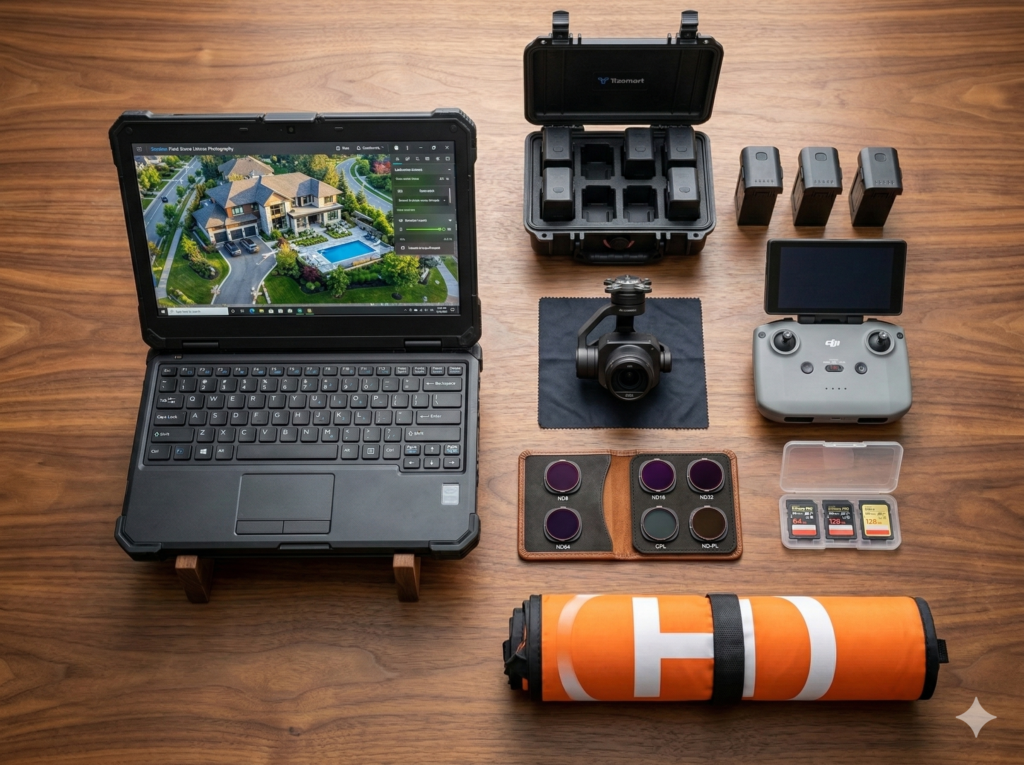 Professional drone operator planning a real estate drone shoot near a house.