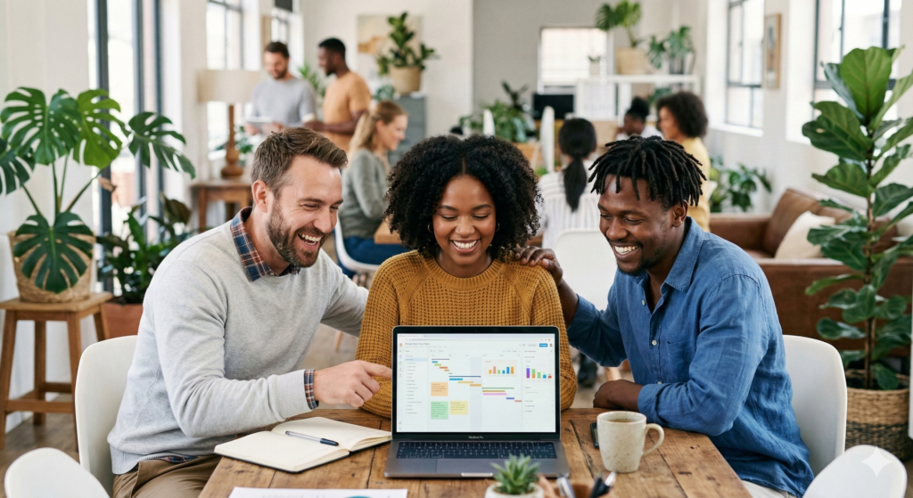 The Cinematic360 creative team collaborating on a strategic video marketing project in a bright, modern office.