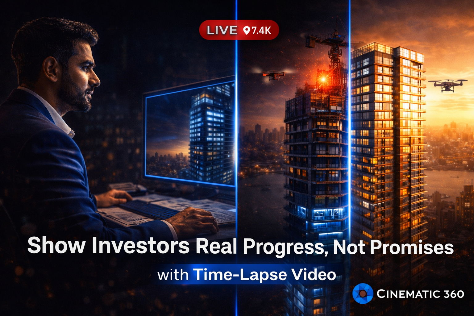 Before and after Mumbai construction site showing high-rise building progress with time-lapse videography