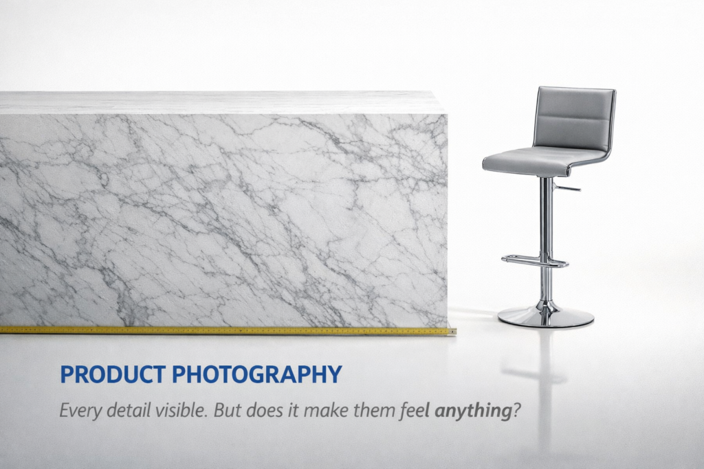 Interior design product photography of marble kitchen counter with chrome stool on white background