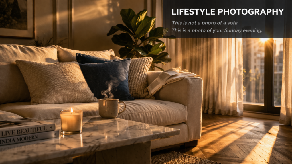 Lifestyle interior photography of luxury Mumbai living room with warm lighting and styled decor