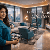 Interior designer holding tablet in a luxury Mumbai living room with teal accents and city view, promoting client acquisition for interior design services