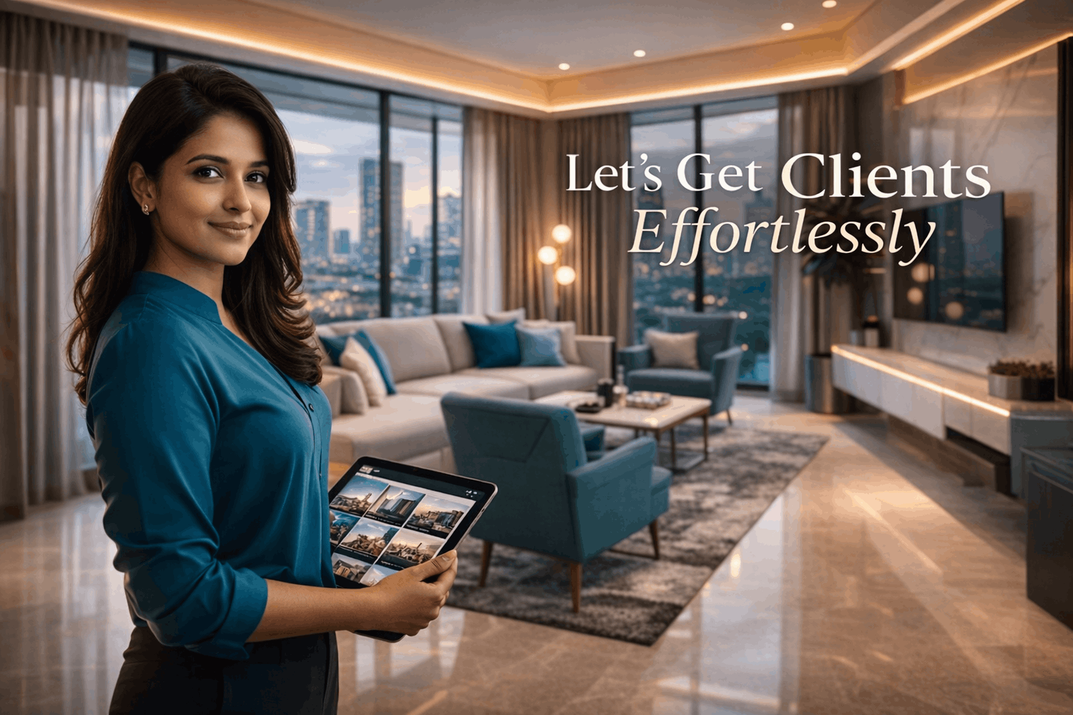Interior designer holding tablet in a luxury Mumbai living room with teal accents and city view, promoting client acquisition for interior design services