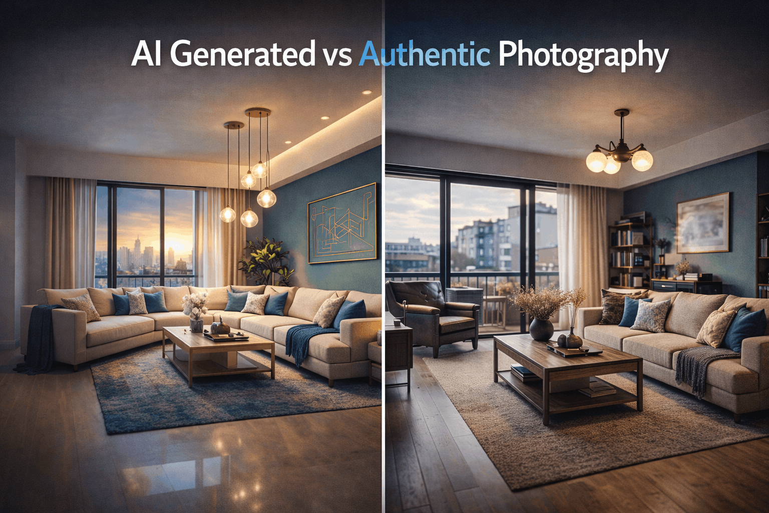 Side by side comparison of AI generated property image versus authentic professional real estate photography