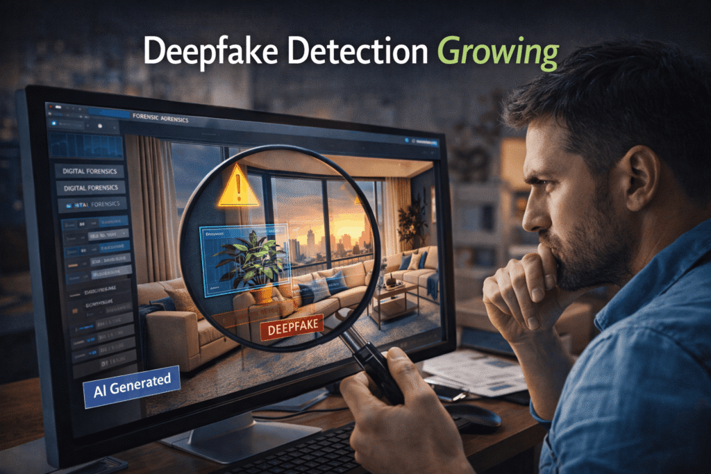 Illustration showing detection and identification of deepfake elements in property images