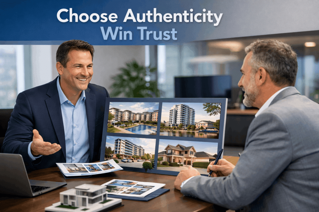 Real estate developer presenting authentic professional photography portfolio to client, building trust and closing deals