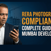 An elevated close-up photograph of a Mumbai-based construction project manager, wearing a safety hard hat and reflective vest, intensely reviewing a unique dual-screen tablet. The tablet clearly displays a grid of progress photos labeled for visual proof. He stands above architectural blueprints on a modern high-rise development, validating documentation compliance for a technical bid.