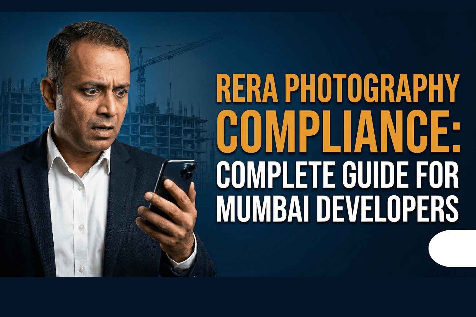 An elevated close-up photograph of a Mumbai-based construction project manager, wearing a safety hard hat and reflective vest, intensely reviewing a unique dual-screen tablet. The tablet clearly displays a grid of progress photos labeled for visual proof. He stands above architectural blueprints on a modern high-rise development, validating documentation compliance for a technical bid.