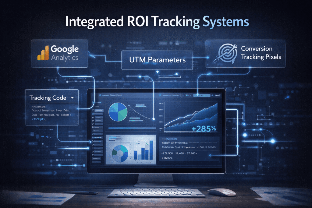Integrated analytics tracking setup showing Google Analytics, pixels, and conversion tracking for video ROI measurement