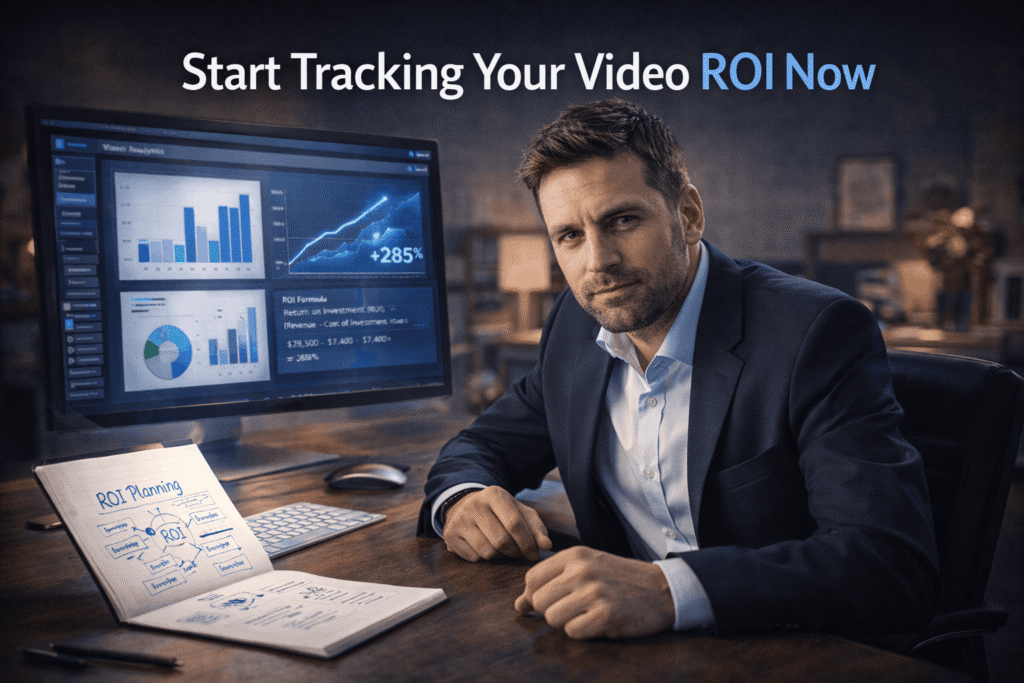 Business professional ready to implement video ROI tracking and measurement systems for corporate video investment