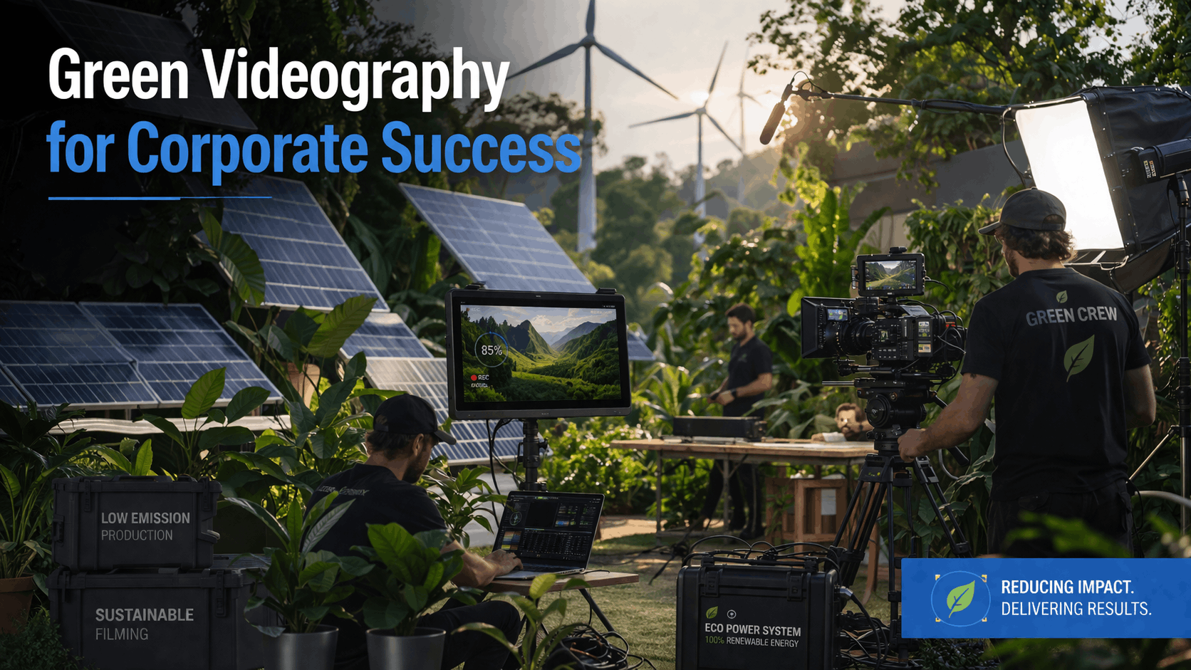 Sustainable video production set powered by renewable energy with eco-friendly equipment and green practices