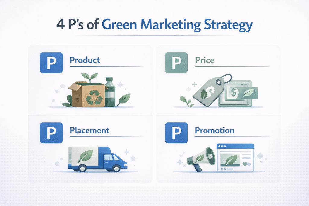 Infographic showing the 4 P's of green marketing strategy components